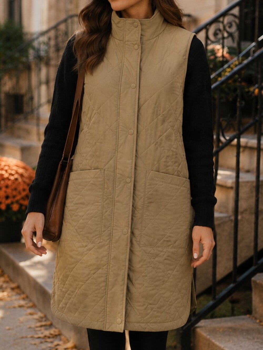 Barbour Quilted Barn Vest Longline Snap Front Gilet in Camel Size 10